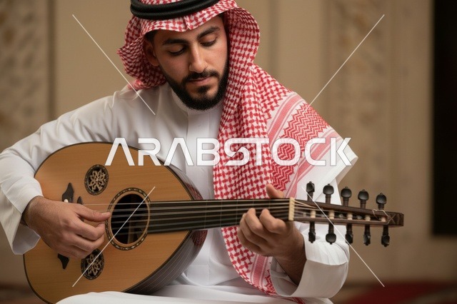 رجل سعودي يعزف على العود في مجلس عربي تقليدي