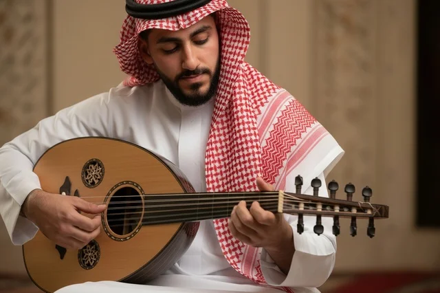 رجل سعودي يعزف على العود في مجلس عربي تقليدي رجل سعودي يعزف على العود في مجلس عربي تقليدي