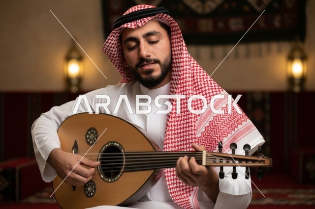 رجل سعودي يعزف على العود في مجلس عربي تقليدي
