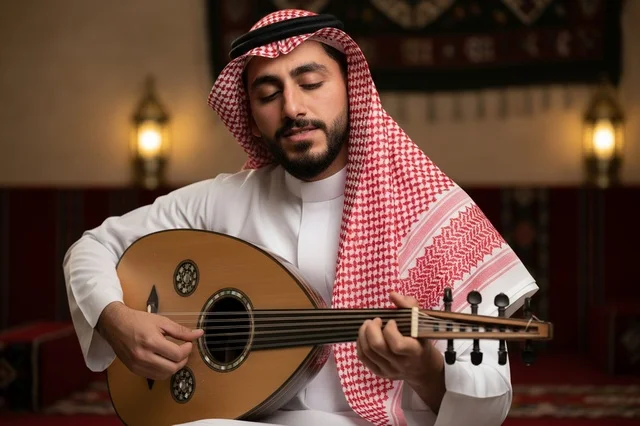 رجل سعودي يعزف على العود في مجلس عربي تقليدي