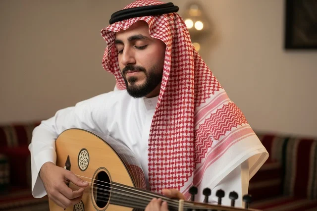 رجل سعودي بالزي التقليدي يعزف على العود
