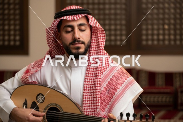 رجل سعودي يعزف العود بالزي التقليدي