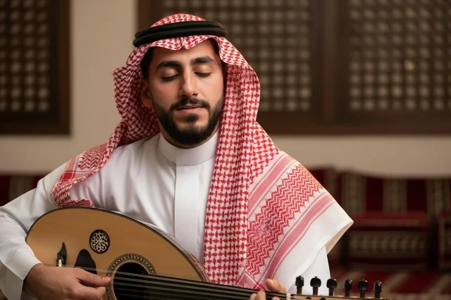 رجل سعودي يعزف العود بالزي التقليدي