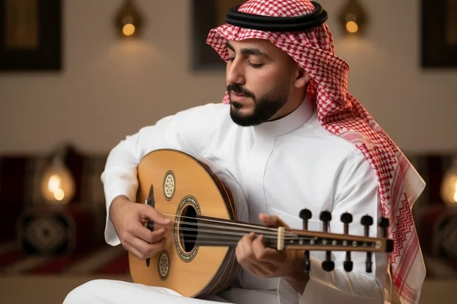 رجل سعودي باللباس التقليدي يعزف على العود