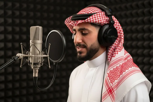رجل سعودي يسجل تعليقاً صوتياً في استوديو احترافي