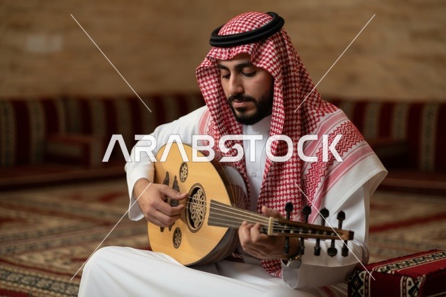 رجل سعودي يعزف على العود في مجلس عربي تقليدي