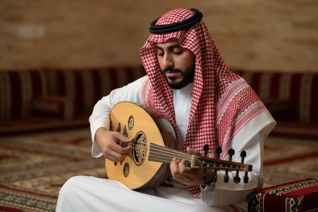 رجل سعودي يعزف على العود في مجلس عربي تقليدي رجل سعودي يعزف على العود في مجلس عربي تقليدي