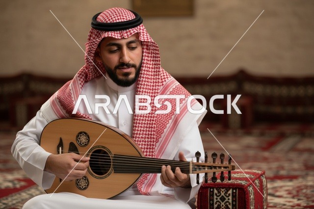 رجل سعودي يعزف على العود في مجلس عربي تقليدي