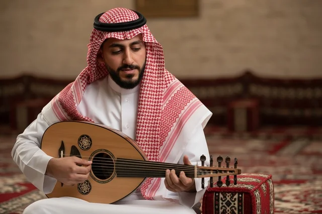 رجل سعودي يعزف على العود في مجلس عربي تقليدي رجل سعودي يعزف على العود في مجلس عربي تقليدي