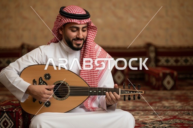 رجل سعودي يعزف على العود في مجلس عربي تقليدي