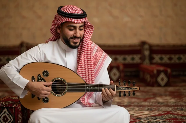 A Saudi man plays the oud in a traditional Arab gathering.