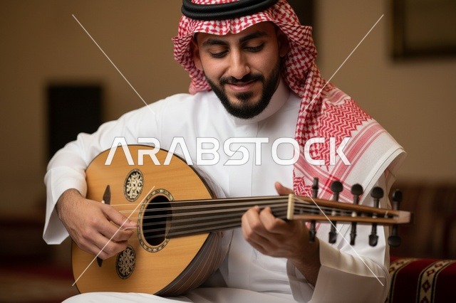 رجل سعودي يعزف العود بالزي التقليدي