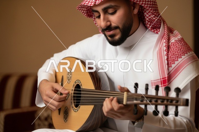 رجل سعودي يعزف على آلة العود الموسيقية