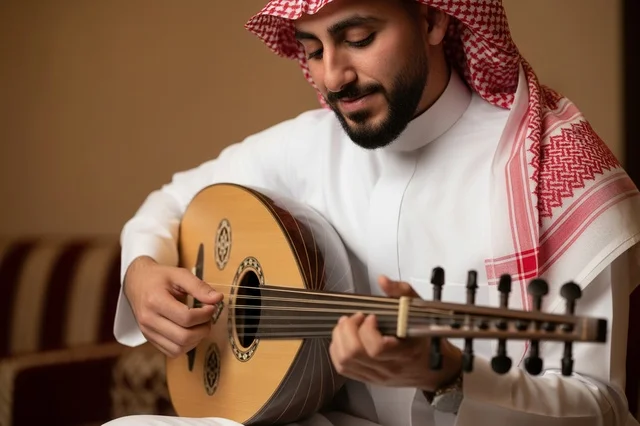 رجل سعودي يعزف على آلة العود الموسيقية