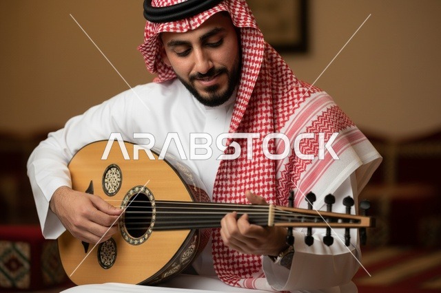 رجل سعودي يعزف على العود بالزي التقليدي