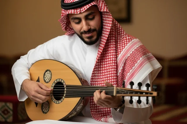 رجل سعودي يعزف على العود بالزي التقليدي رجل سعودي يعزف على العود بالزي التقليدي