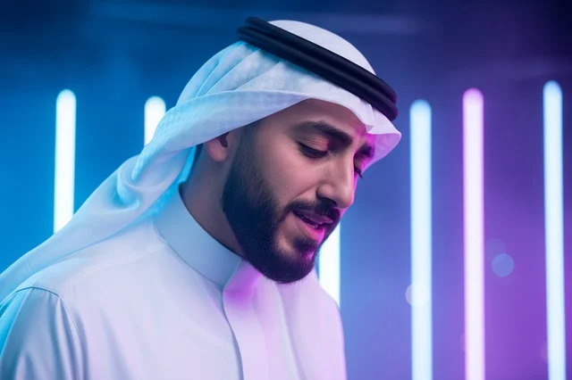 Saudi Man in Traditional Thobe with Neon Background