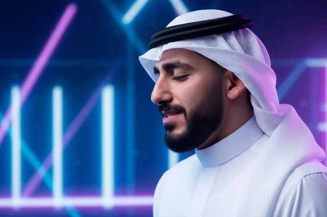 رجل سعودي بالزي التقليدي مع أضواء النيون