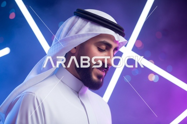 رجل سعودي بالثوب التقليدي مع خلفية أضواء نيون