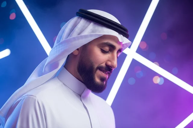 Saudi Man in Thobe with Neon Geometric Background
