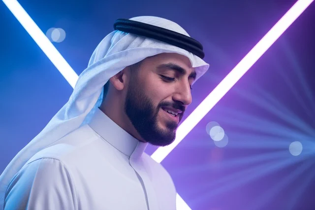 Saudi Man in Traditional Attire with Neon Lighting