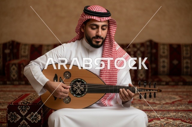رجل سعودي يعزف على العود في مجلس عربي تقليدي