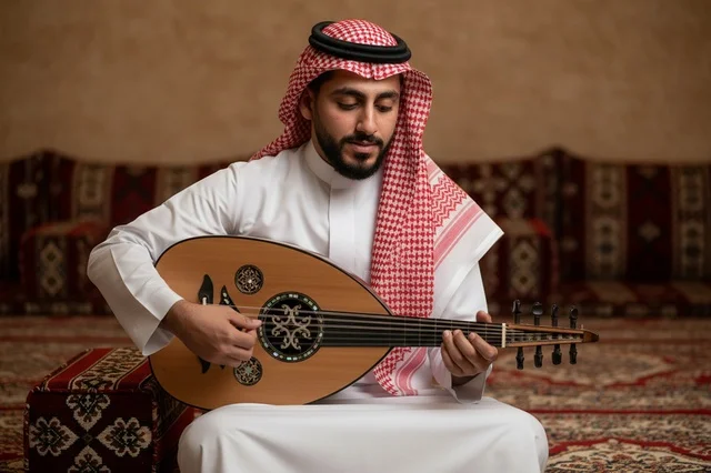 رجل سعودي يعزف على العود في مجلس عربي تقليدي رجل سعودي يعزف على العود في مجلس عربي تقليدي