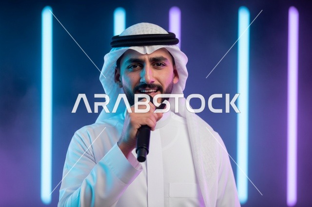 Saudi Man Singing with Microphone on Neon Stage