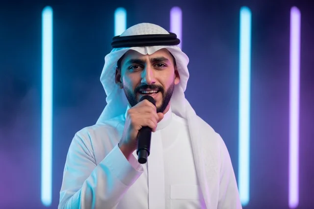 Saudi Man Singing with Microphone on Neon Stage