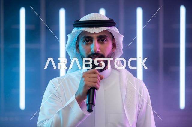 Arab Man Speaking into Microphone in Neon Studio