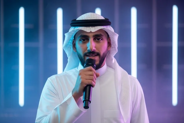 رجل سعودي يتحدث عبر الميكروفون في استوديو نيون