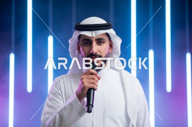 رجل سعودي يتحدث في الميكروفون بخلفية نيون