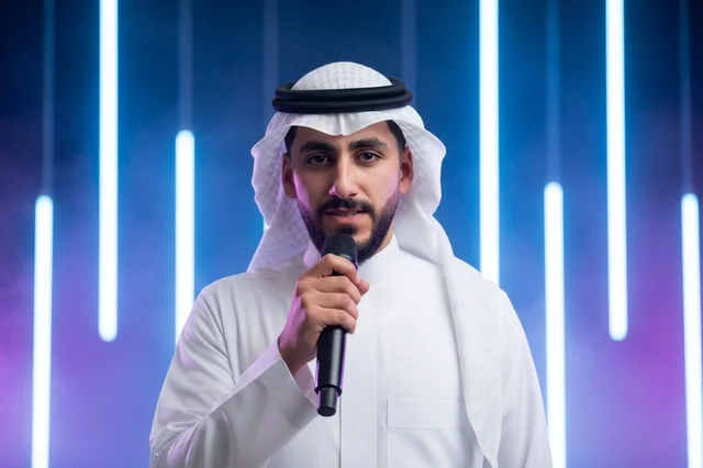 Saudi Man Speaking into Microphone with Neon Background