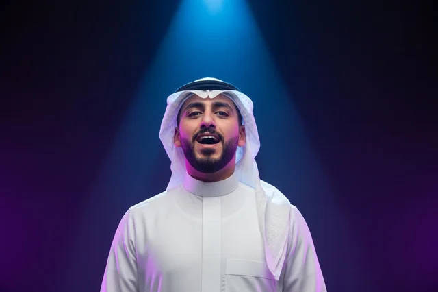 Saudi Man Singing in Traditional Thobe Under Spotlight