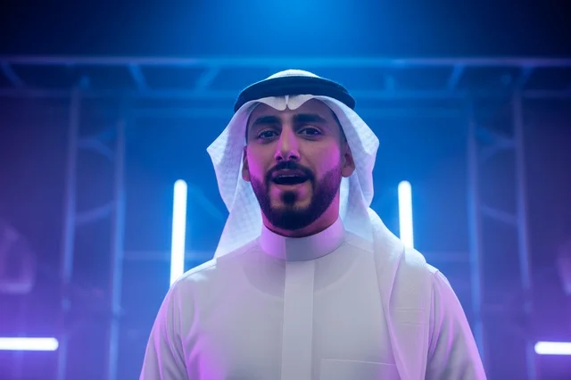 رجل سعودي بالزي التقليدي مع إضاءة نيون استوديو