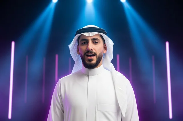 Saudi Man in Traditional Dress on Neon Stage