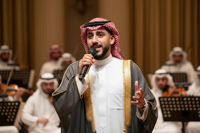 Saudi Male Singer in Traditional Bisht Performing on Stage
