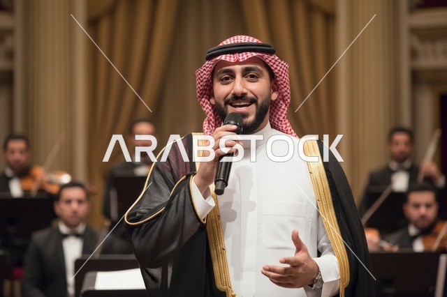 مغني سعودي بالزي التقليدي مع فرقة أوركسترا