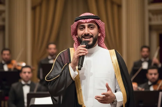مغني سعودي بالزي التقليدي مع فرقة أوركسترا