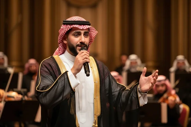Saudi Man in Traditional Bisht Singing on Stage