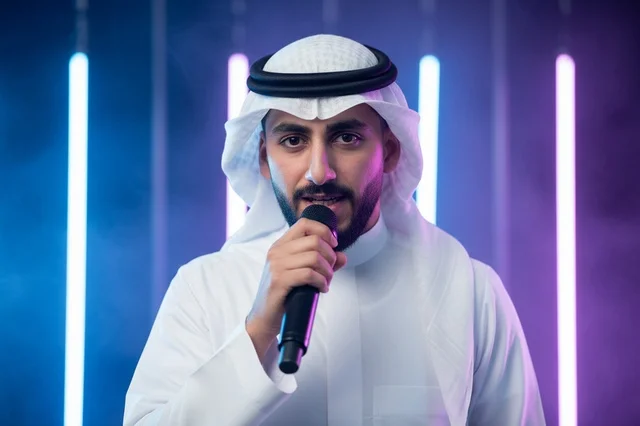 Saudi Man with Microphone on Neon Studio Stage