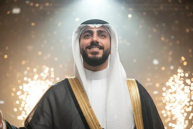 Saudi Man in Traditional Bisht Under Celebration Lights Saudi Man in Traditional Bisht Under Celebration Lights