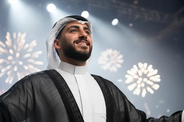 Saudi Man in Traditional Bisht During Fireworks Celebration