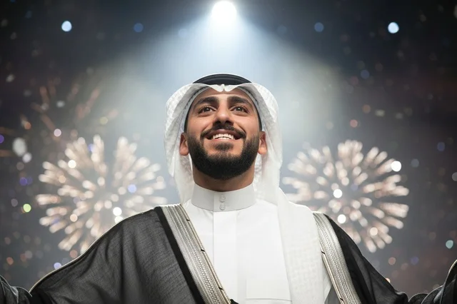 رجل سعودي بالبشت التقليدي خلال احتفالات ليلية