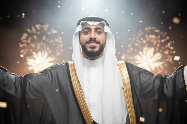 Saudi Man in Traditional Bisht Celebrating with Confetti Saudi Man in Traditional Bisht Celebrating with Confetti