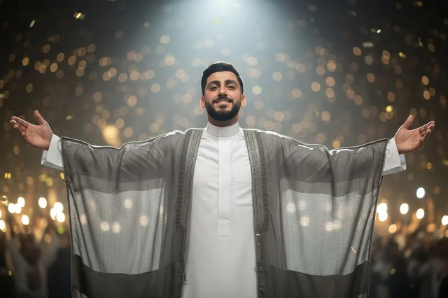 رجل سعودي بالبشت التقليدي تحت أضواء المسرح