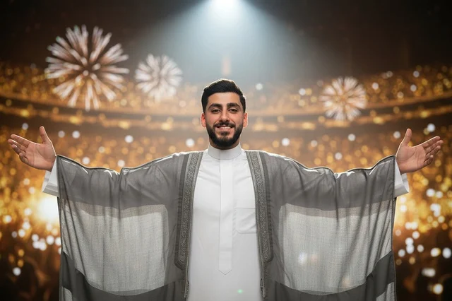 رجل سعودي بالبشت التقليدي في احتفالية مع ألعاب نارية