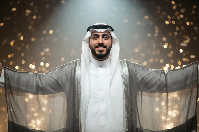 رجل سعودي يرتدي البشت الرمادي والثوب الأبيض التقليدي