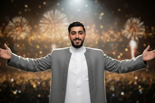 Saudi Man in Traditional Dress Celebrating with Fireworks Saudi Man in Traditional Dress Celebrating with Fireworks