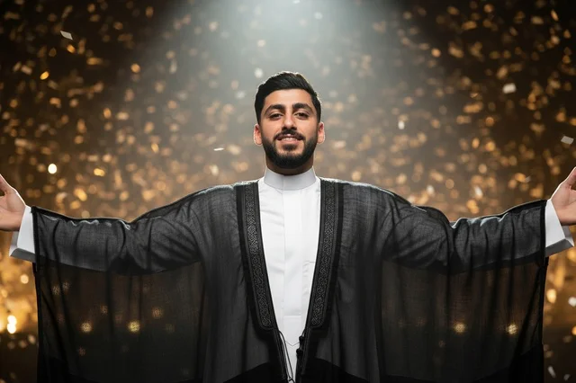 Saudi Man in Traditional Bisht Celebrating with Confetti